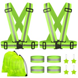 YANSYUN Reflective Vest Set of 2 Reflective Vest & 4 Reflective Bands & 4 Reflector Pendants for Children Adults Cycling Running Outdoor Sports, Fluorescent Green