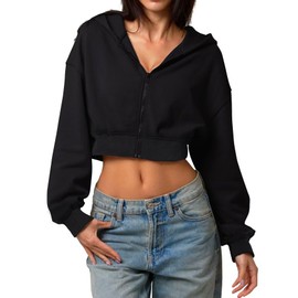 TZLDN Womens Cropped Zip Up Hoodies Sweatshirts Long Sleeve Tops Hooded Jackets Basic Fall Casual Outfits Black - Small