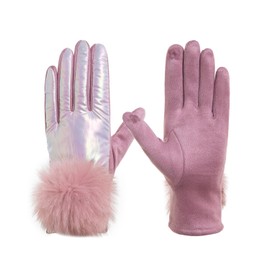 Zeltauto Women's Touch Screen Gloves Faux Suede Full Finger with Warm Plush Lining (Faux Leather(Pink))