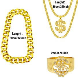Riuziyi 4Pack 80s 90s Hip Hop Costumes Outfit, Fake Gold Chain Money Chain Twist Leg Punk Sunglasses Dollar Sign Finger Ring for Men Women Rapper Accessories