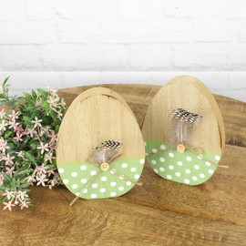 Macosa HN57718_x2 Decorative Eggs Set of 2 Wooden 16 cm Easter Egg Brown Green Polka Dots Decorative Feather Easter Decoration Wooden Egg Easter Decoration Table Decoration Figure Easter Decoration