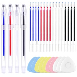 24Pcs Heat Erase Pens Sewing Chalk with Erasable Fabric Refills for Quilting Sewing Heat Erasable Fabric Marking Pens High Temperature Disappearing Fabric Marker Pen for Dressmaking Fabrics (4 Color)