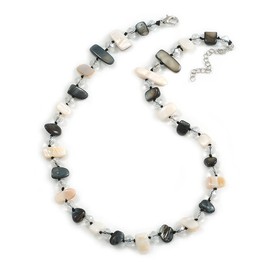 Avalaya Black/White Sea Shell Nuggets and Transparent Glass Bead Necklace - 50cm Long/ 5cm Extender
