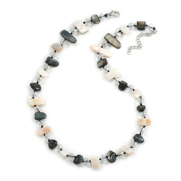 Avalaya Black/White Sea Shell Nuggets and Transparent Glass Bead Necklace