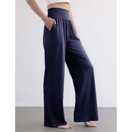 ESOFT Women's Casual Loose Wide Leg Comfy Pants Yoga Stretch Casual Pants Slacks with Pockets High,Navy Blue,Medium