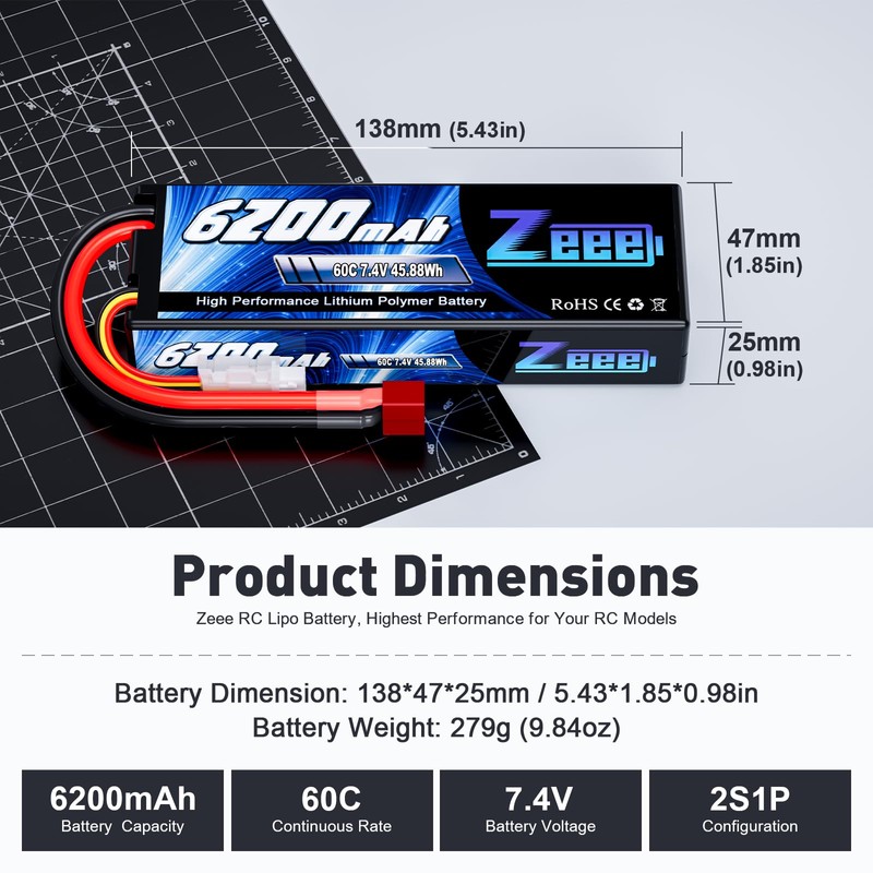 Zeee 2S Lipo Battery 6200mAh 7.4V 60C Hard Case Battery