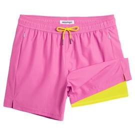 maamgic 5inch Mens Swimming Trunks with Compression Liner 2-in-1 Swim Trunks Stretch Quick Dry Swim Shorts with Zipper Pockets Phlox Pink and Yellow Large