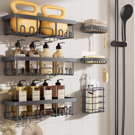 Veken Rustproof & Waterproof Shower Caddy 6-Pack, No Drilling Adhesive Shelves Rack with Soap Holder, Large Capacity Bathroom Organizers and Storage, Wall-Mounted Kitchen & Home Decor, Dark Grey