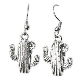 Saguaro Cactus with Flower - 20x15mm - Silver alloy charm dangle earrings. Hypoallergenic Stainless-Steel Fishhook or Ball-Post. Silver Plated Ball-Post, or Silver Tone Clip-on Earrings Opt.