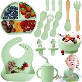 14pzs Vajillas Platos para Bebe Silicona, Set Alimentacion Complementaria Bebe, Plato para Bebe con Ventosas, Baberos Ajustable, Sin BPA, Fácil de Lim