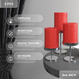 CANDWAX 3x4 Pillar Candles Set of 3 - Decorative Rustic Candles Unscented and Dinner Candles - Ideal as Wedding Candles or Large Candles for Home Interior - Red Candles
