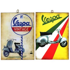 KUSTOM ART Set of 2 Vintage Style Pictures Series Motorcycle Scooter Print on Wood 10 x 15 cm