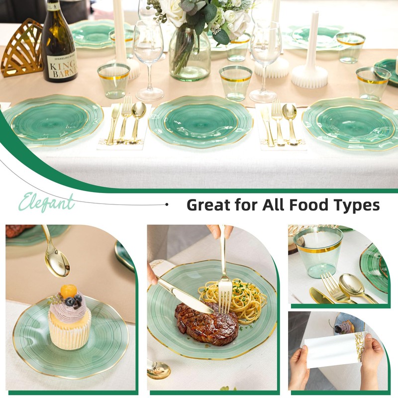 Pryntono 175PCS Green Plastic Plates with Gold Trim, Disposable Party