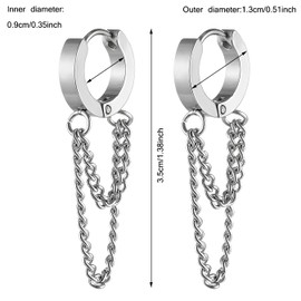 Kawailay 2 Pairs Chain Hoop Earrings Stainless Steel Chain Stud Earrings Rock Punk Chain Hanging Earrings Chain Huggie Earrings for Men Women - Silver Black, Stainless Steel