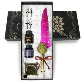 TIANREN Feather Pen and Ink Set,quill pen ink set,Antique Calligraphy Pen with 4 Replaceable Nibs,2 Bottle of ink,Pen Holder Christmas Gift for Men&Women.(Purple)