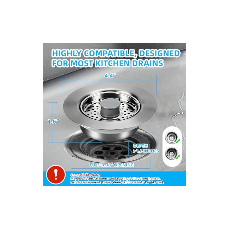 Sink Drain Strainer - Kitchen Sink Stopper, 3 In 1