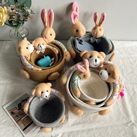 Cute Cartoon Bear and Rabbit Plush Doll Cotton Rope Home Decor Storage Basket Gray Frame [Pink Rabbit] - Large [18*9cm] 10ea