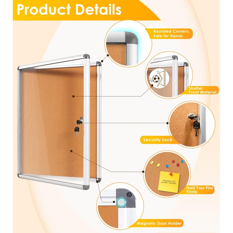 SWANCROWN Enclosed Bulletin Board,Lockable Cork Noticeboard for School Office,Wall Display