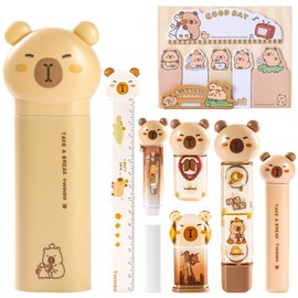 9 Pcs Cute Capybara Stationary Set Kawaii School Supplies Japanese Stationery, Includes Pencil Sharpener, Eraser, Correction Tape, Glue Tape, Sticky Notes, Ruler, Scissors for Office School Supplies
