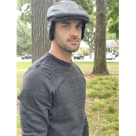 Funky Junque Wool Flat Cap with Earflaps - Grey Plaid (Large)