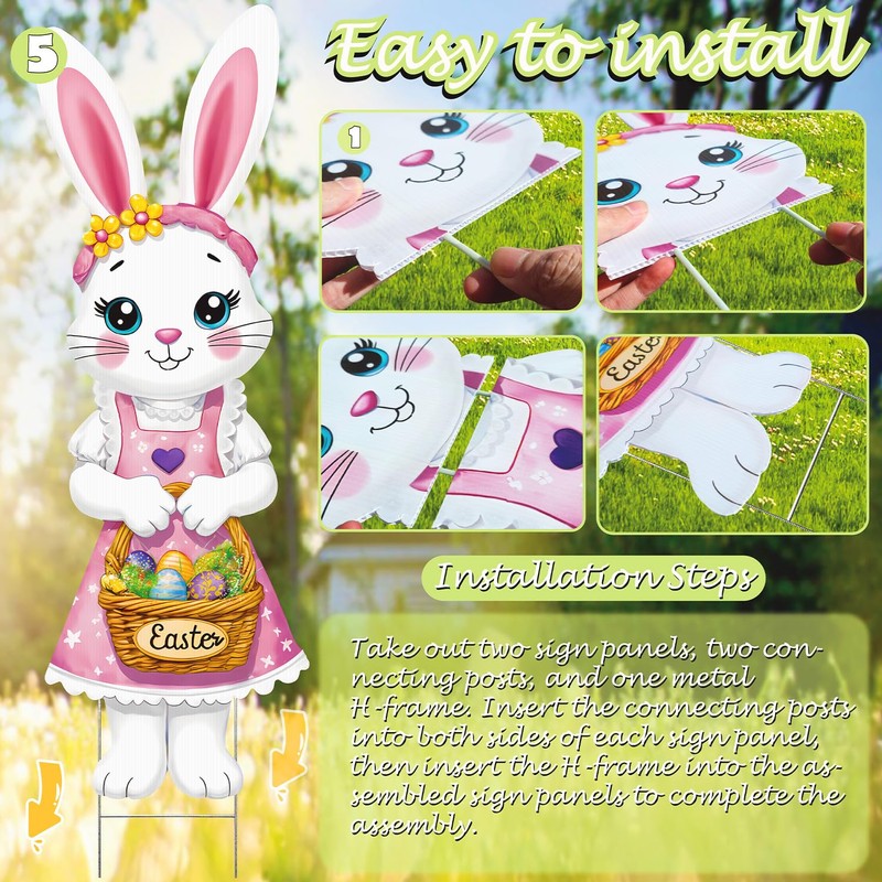 BoGlowHaven 2pcs Easter Yard Signs with Stakes, Cute Bunny Easter