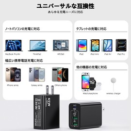 65W USB C Charger, Type C GaN Rapid Charger, 4 Ports, Compact PD Plug [2x USBC + 2x USBA], Wall Mount Socket, Supports Up to 4 Devices Simultaneously, PSE Technical Standards Compliant, PD3.0, QC3.0