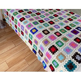 RISEON Handmade Granny Square Crochet Throw Blanket Sweater Style Mat, Crochet Quilt, Multicolor Boho Travel Accent Decor Throw for Sofa Comforter Couch Bed Recliner Living Room Bedroom (White)