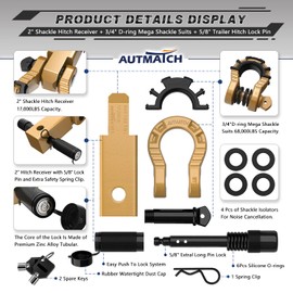AUTMATCH Shackle Hitch Receiver 2" with 3/4" Mega D Ring Shackle and 5/8" Trailer Hitch Lock Pin, 68,000 Lbs Break Strength Heavy Duty Receiver Towing Kit for Off-Road Vehicle Recovery, Gold