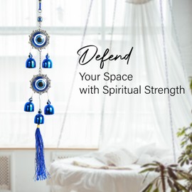 Blue Evil Eye Wall Hanging – Nazar Amulet for Good Luck & Protection, 5 Bells Evil Eye Wind Chimes, Decorative Hanging Charm for Home, Balcony, Office