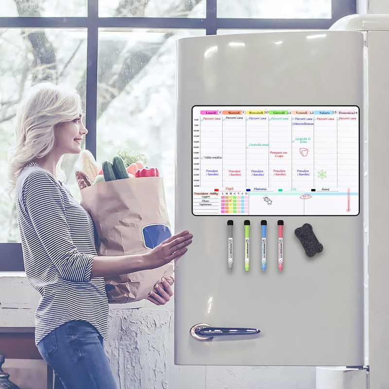 POPRUN Magnetic Family Planner Weekly Planner Magnetic Board Fridge Wipe