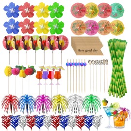 Nadisean 175PCS Cocktail Accessories for Drinks, Reusable Cocktail Party Decorations with Reusable Straws Paper Umbrellas, Sparkler Sticks, Fruit Label, for Hawaiian Festival, Summer Beach Party