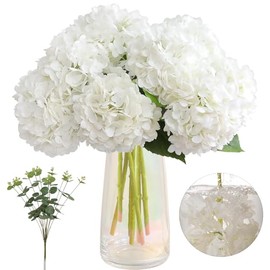 Tifuly - 4 hortensias falsas con jarrón - 3D de tacto real y 3 tallos de eucalipto para centro de mesa de boda, fiesta en el hogar, decoración de mesa (blanco)