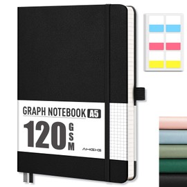 AHGXG Graph Paper Notebook - Grid Notebook Journal A5, 120 GSM Thick Graph Paper, 160 Pages, Leather Hardcover, for Graphing, Writing, Math, Engineering, 5.75'' × 8.38''- Black