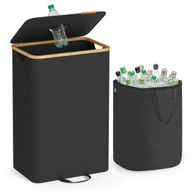 SONGMICS Recycling Bin for Kitchen 26 Gallon. Bottle Recycling Container, Collection Bin, for Metal, Plastic, Paper, Glass, Inner Bag with Handles, Kitchen, Ink Black and Natural Beige URRB509B01