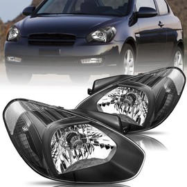 Aosky Headlight Assembly Fits for 2007 2008 2009 2010 2011 Hyundai Accent Replacement Front Light Headlamp Pair Set Black Housing & Clear Reflector