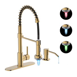 Casavilla LED Kitchen Faucet, Brushed Gold Kitchen Faucet with Soap Dispenser and Deck Plate, Faucet for Camper Farmhouse RV Kitchen Sink, Single Handle Kitchen Sink Faucets with Pull Down Sprayer