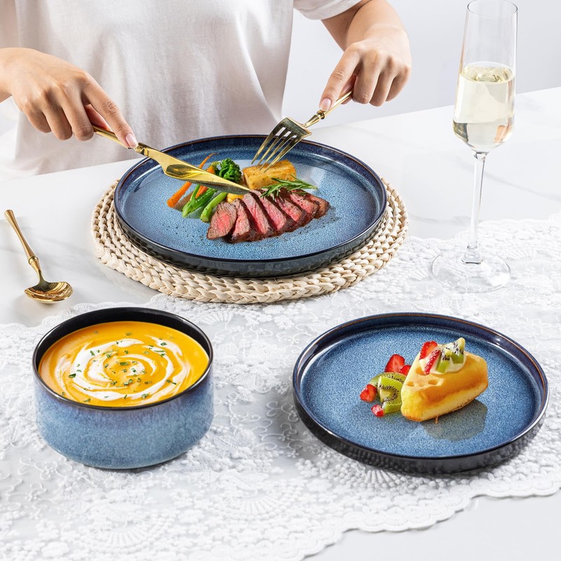 LERATIO Ceramic Dinnerware Sets for 4,Round Reactive Glaze Ceramic Plates