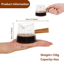 YARRAMATE 2 Pack 6 oz/180ML Glass Measuring Cup with Wooden Handle – Espresso Shot Cups, Ribbed Milk Frothing Pitcher, Dual Scale Markings, V-Shaped Mouth for Easy Pouring