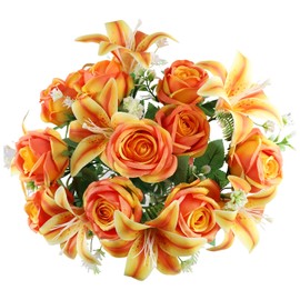 Vejkl Grave Flowers for Cemetery 2 Bunches Lily & Rose Mixed Cemetery Flowers for Grave-Orangish Yellow Silk Memorial Artificial Flowers for Headstones Gravesite Graveyard Grave Vase Decorations