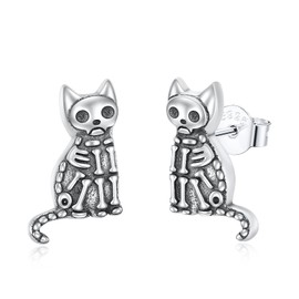 Skeleton Cat Earrings Bone Sterling Silver Stud Earrings Gothic Jewelry Gifts for Girls Women Catlover, Sterling Silver