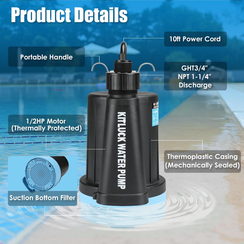 KITLUCK Sump Pump, 1/2HP 2000GPH Submersible Water Pump Electric, Thermoplastic