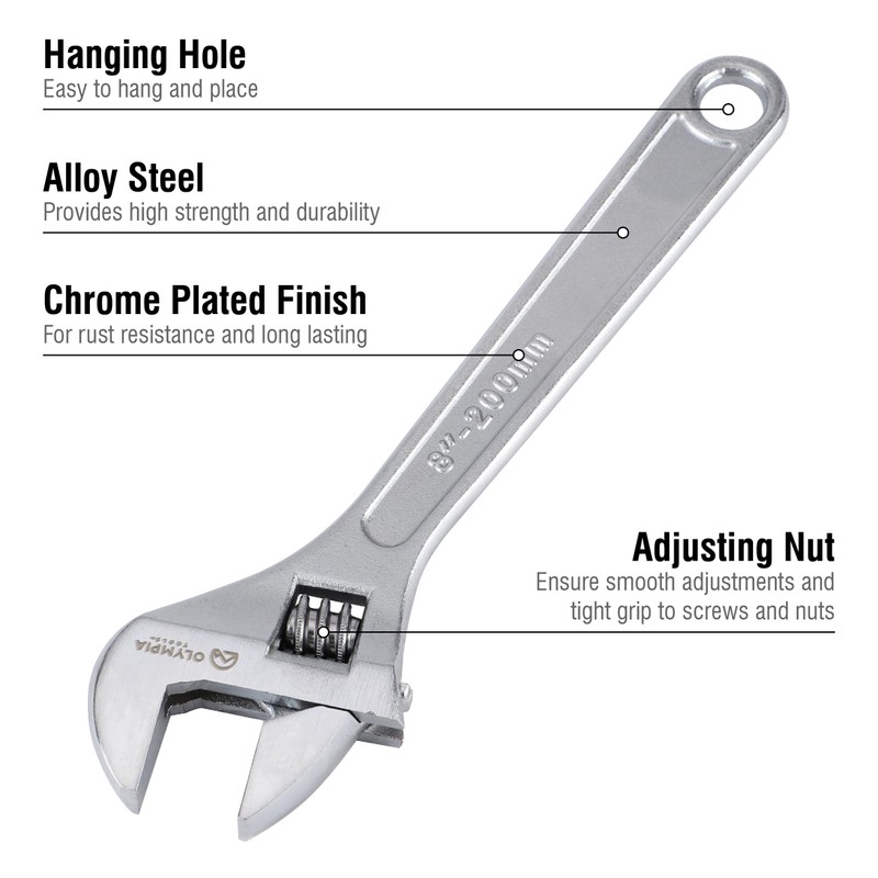 Olympia Tools 8" Adjustable Wrench, Heavy Duty Drop Forged Steel,