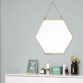 LONGWIN Hanging Wall Hexagon Mirror Decor Gold Geometric Mirror with Chain for Bathroom Bedroom Living Room 11.8"x 10.2"