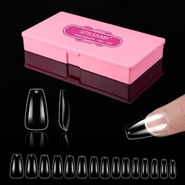 SITELENABY Natural Medium Coffin Nail Tips - 600pcs Extra Thick Gel Fake Nails with Pink Box, Full Cover Acrylic False Press On Nails 15 Size 00-13,Perfect for Nail Begginers & Nail Tech DIY