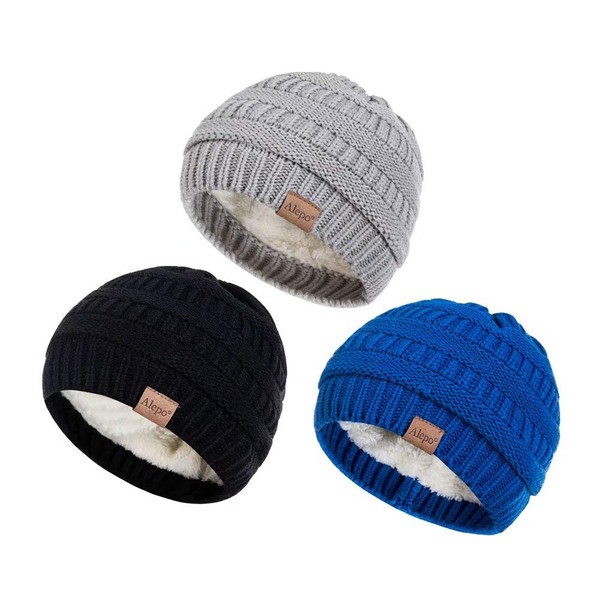 Alepo Fleece Lined Baby Beanie Hat, Infant Newborn Toddler Kids Winter Warm Knit Cap for Boys Girls (Black&Light Gray&Blue)