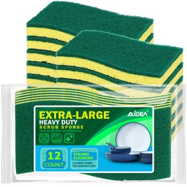AIDEA XL Heavy Duty Scrub Sponge 12Count, Sponges for Dishes, Extra Large Sponges for Cleaning Kitchen and Household, Heavy Duty Sponge Safe for Non-Coated Cookware, Cleaning Power for Bathroom, House