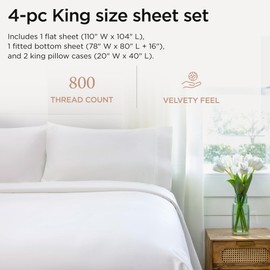 Threadmill Luxury 800 Thread Count King 100% Cotton Sheets - Hotel White Sateen Weave Bed-Sheets, Better Than Egyptian Cotton, 4 Pc Solid Soft Bed Set, Fits 16" Deep Pocket
