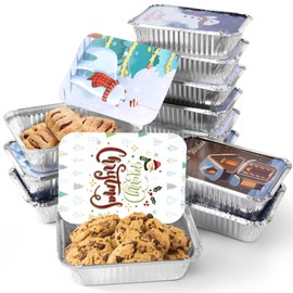 XIAFEI Kitchen Christmas Cookie Tins, 32 Piece, Foil Pans with Covers Takeout Pans for Holiday Festival Christmas,For Gift Giving in 4 Holiday Designs-5" x 7" x 1.5"