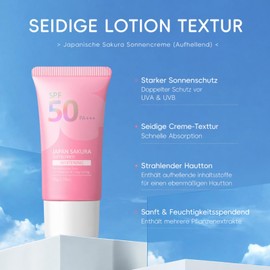Japan Sakura Sunscreen SPF 50 PA+++, Sun Cream SPF 50, Sun Cream Face & Body, Waterproof Sunscreen with Brightening, Non-Greasy Formula, No Ice Film, for Outdoor Activities