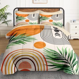 WeCozy 7 Pcs King Size Comforter Set with 2 Pillowcases & 2 Shams, Contemporary Mid Century Bedding for Kids and Adults, Rainbow Sun Boho Geometric Bed in a Bag with Flat Fitted Sheet